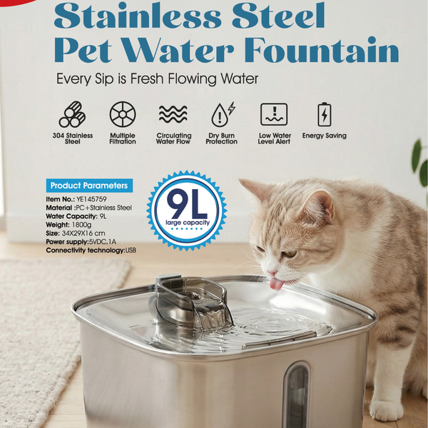 Stainless Steel Cat and Dog Water Fountain, 9L